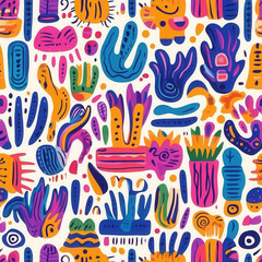 Colorful abstract art with vibrant shapes and playful designs, featuring bold colors and whimsical elements