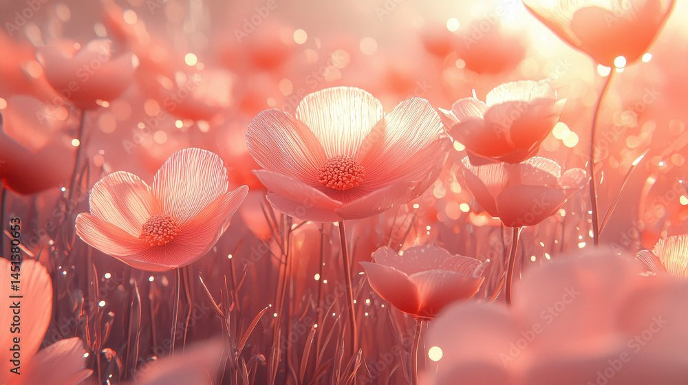 Poster surreal 3d background showing realistic pink flower forms with intricate details and a soft light ef