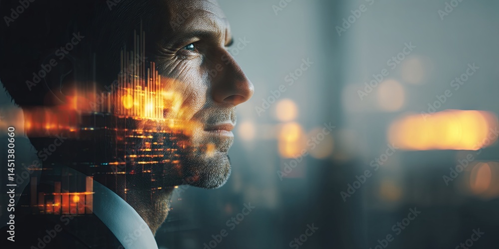 Poster Businessman in Profile with Digital Graphics Representing Data and Technology Innovation in a Modern Workspace Environment