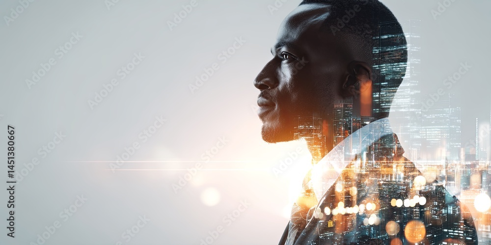Poster Businessman in Profile with Digital Graphics Representing Data and Technology Innovation in a Modern Workspace Environment