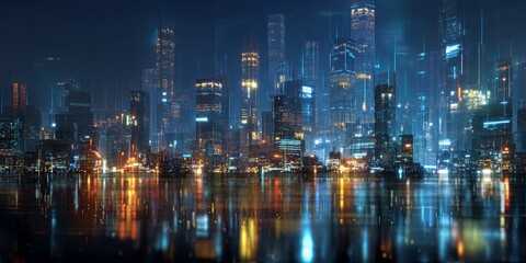 Fototapeta premium Futuristic Cityscape with Neon Lights and Digital Overlay Representing Technology in Urban Environments at Night