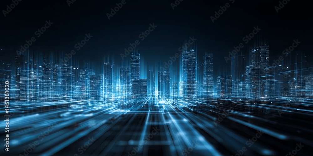 Aufkleber Abstract digital skyline with glowing blue lines and squares representing a futuristic technology landscape at night