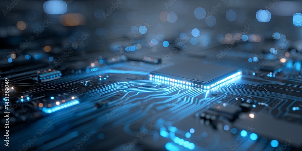 Poster Futuristic Circuit Board with AI Technology and Blue Neon Lights for Digital Innovation and Artificial Intelligence Concepts