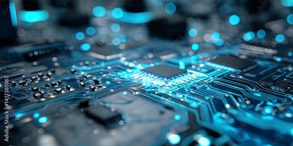 Aufkleber Futuristic Circuit Board with AI Technology and Blue Neon Lights for Digital Innovation and Artificial Intelligence Concepts