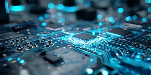 Futuristic Circuit Board with AI Technology and Blue Neon Lights for Digital Innovation and Artificial Intelligence Concepts
