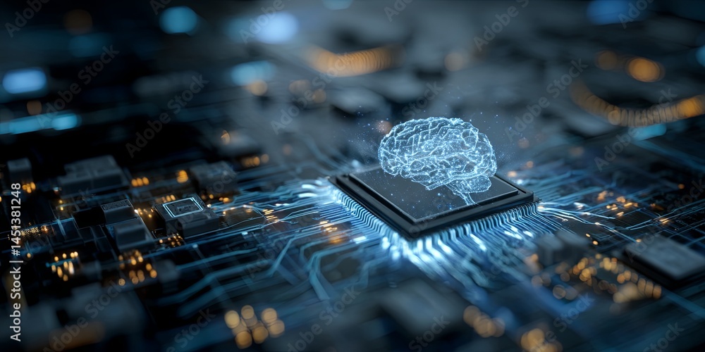 Poster Digital technology concept showcasing a neural network design within a computer chip on a futuristic blue background with glowing circuits and patterns