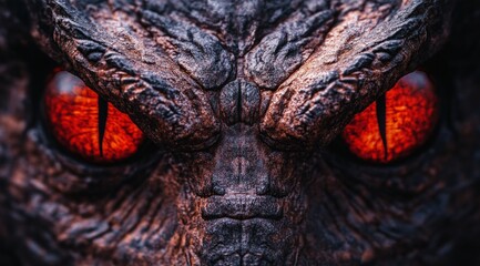 Close-up of a monstrous creature's fiery red eyes and textured skin.