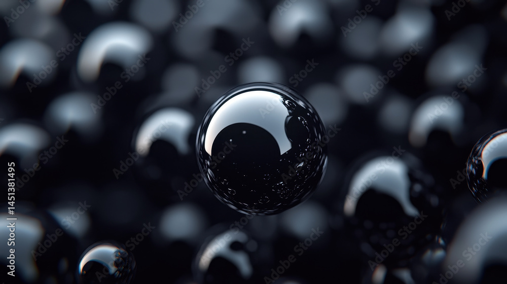 Poster side angle 4k view of realistic 3d background with many glossy spherical forms creating a modern and