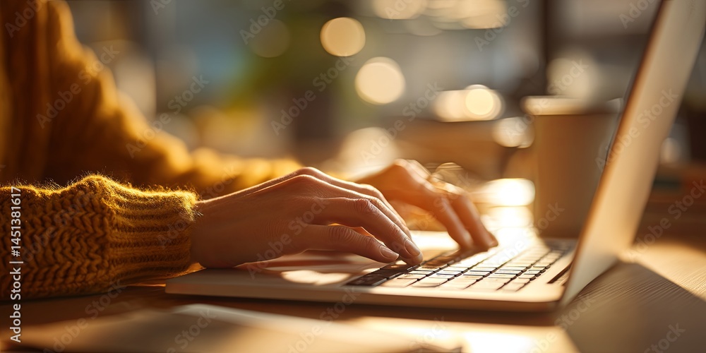 Aufkleber person typing on laptop in modern workspace with warm light and stylish decor in background creating