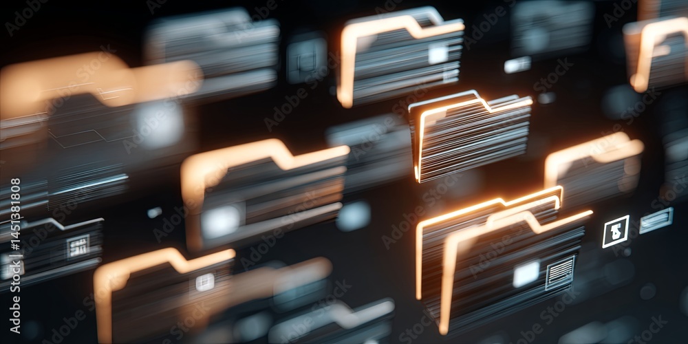 Fototapete Digital Data Transfer Concept with Floating File Folders and Technology Icons Representing Modern Information Sharing and Cloud Computing Systems