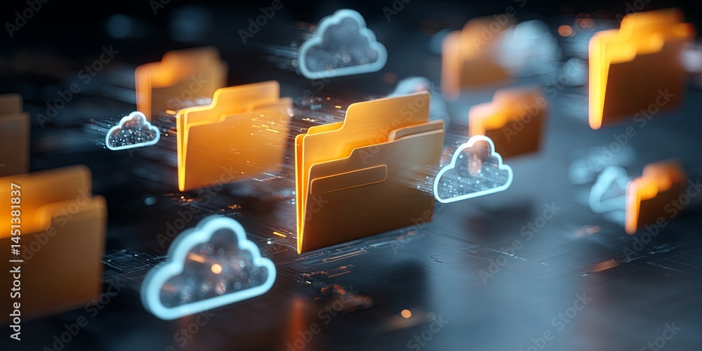 Fototapete Digital Data Transfer Concept with Floating File Folders and Technology Icons Representing Modern Information Sharing and Cloud Computing Systems