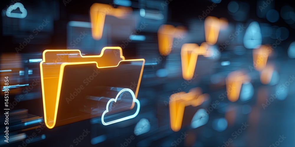 Aufkleber Digital Data Transfer Concept with Floating File Folders and Technology Icons Representing Modern Information Sharing and Cloud Computing Systems