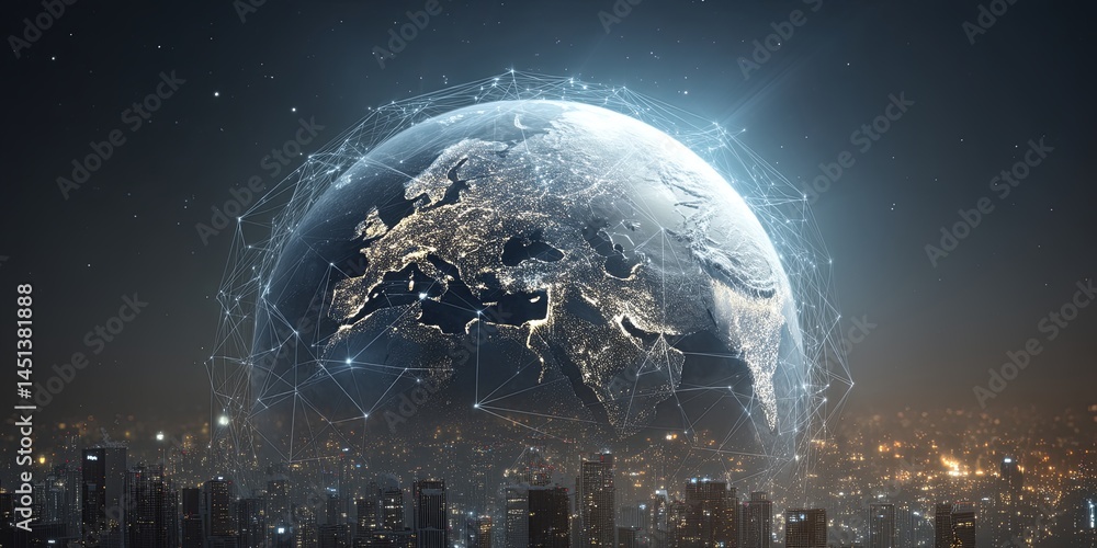 Poster Digital world concept showing glowing planet earth and city skyline with interconnected network lines and data streams representing technology and innovation