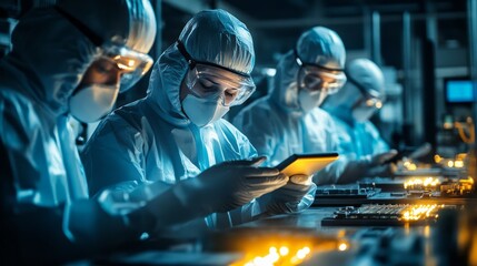 Focused workers in a modern electronics production facility.