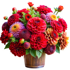 Vibrant Dahlia Bouquet in Rustic Wooden Pot: Stunning Flower Arrangement