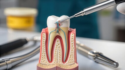 Endodontist Dental model showing tooth anatomy with tools, highlighting oral health and dental care.