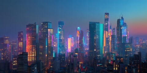 Obraz premium Futuristic Urban Cityscape with Vibrant Neon Lights and Colorful Skyscrapers at Dusk in Modern Metropolis Atmosphere