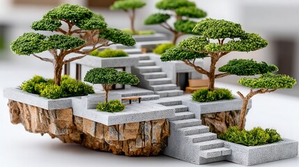 Miniature Zen Garden Landscape Floating Island with Modern Architecture Bonsai Trees and Stone Steps