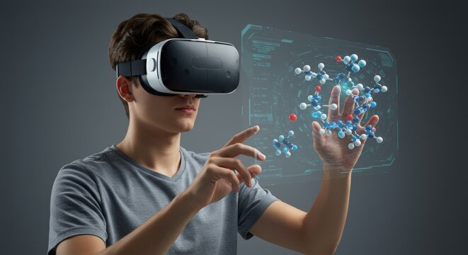 VR Molecule Exploration: Young Man Interacting with Augmented Reality Model.