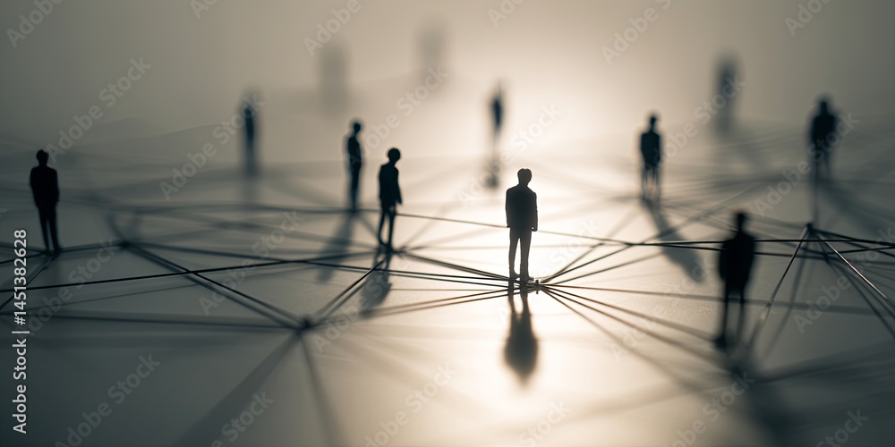 Aufkleber Small figures standing on a surface connected by lines representing connections and networks in a conceptual layout for communication and collaboration