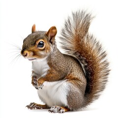 Cute squirrel with fluffy tail sitting upright isolated on white background