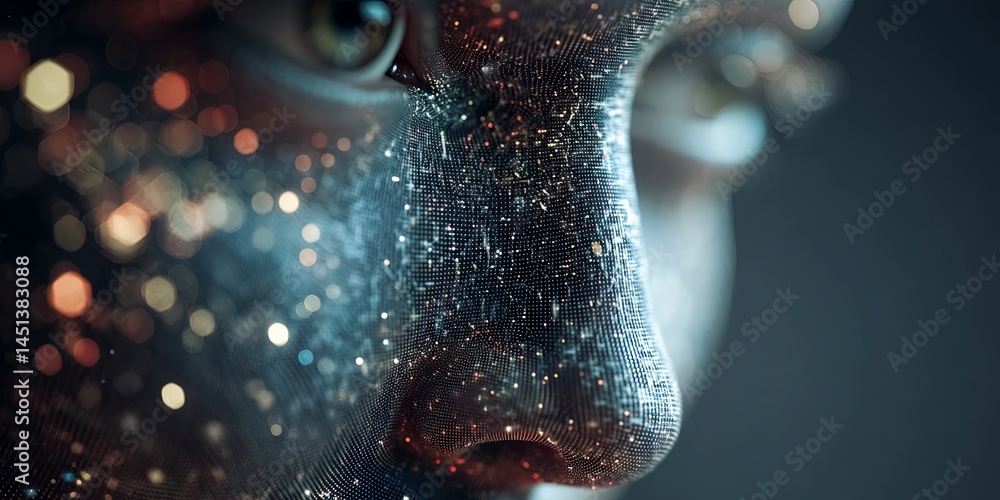 Poster Abstract digital face with glowing particles and cosmic background representing artificial intelligence, technology, and human emotions in a futuristic setting
