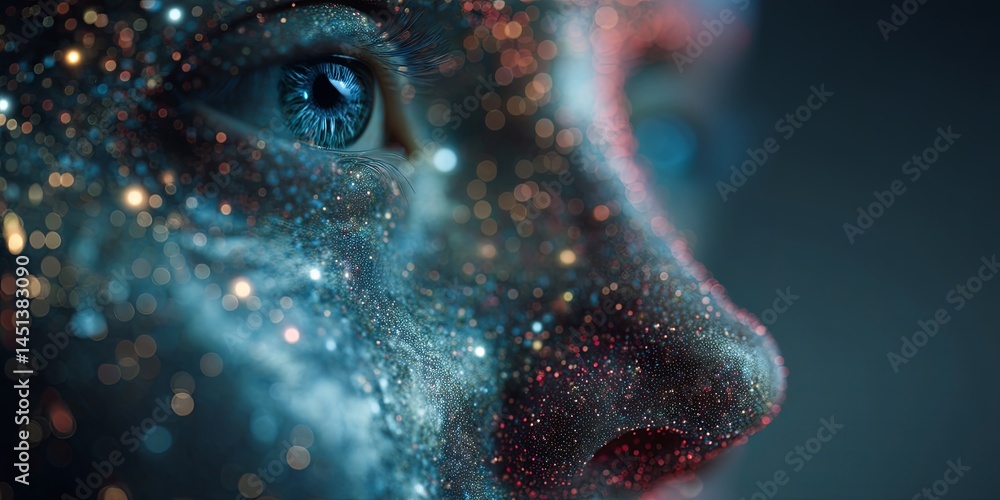 Poster Abstract digital face with glowing particles and cosmic background representing artificial intelligence, technology, and human emotions in a futuristic setting