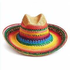Colorful woven sombrero with vibrant bands, festive headwear isolated on white background
