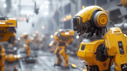 Industrial robots in a futuristic factory setting.