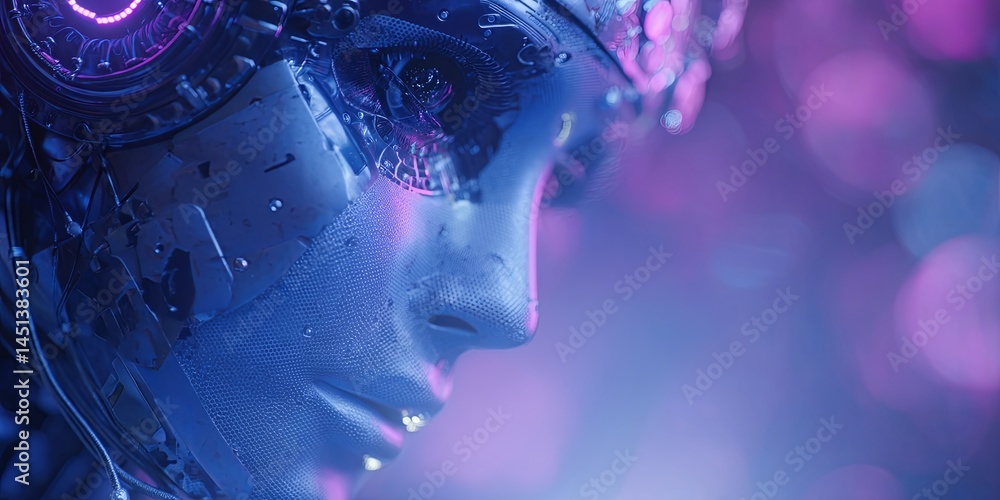 Poster Futuristic Technology Concept Featuring Artificial Intelligence with Digital Elements and Modern Graphic Design in Blue and Purple Color Palette