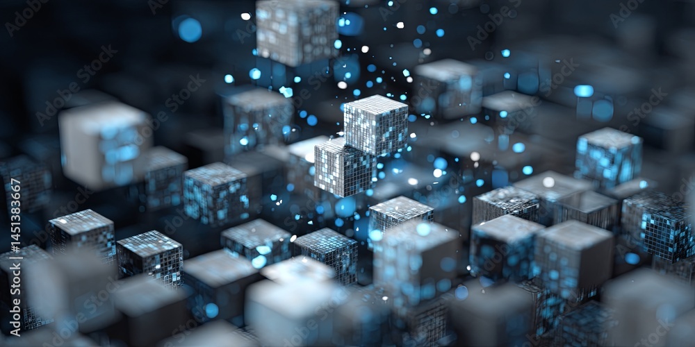 Fototapete Dynamic Digital Transformation with Laptop Displaying Data Streams and Abstract Blue Cubes in a Creative Tech Environment