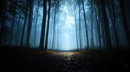 Naklejka premium First-person view in a dark, spooky forest filled with eerie digital glitches, a haunted video game level design