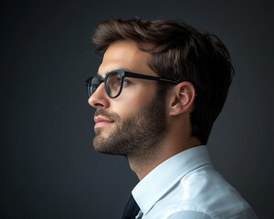 Man wearing glasses looking up