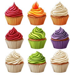 Delicious Assortment of Colorful Cupcakes with Creamy Frosting Illustration