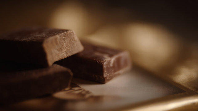 Soft focus scene of chocolate pieces on golden surface