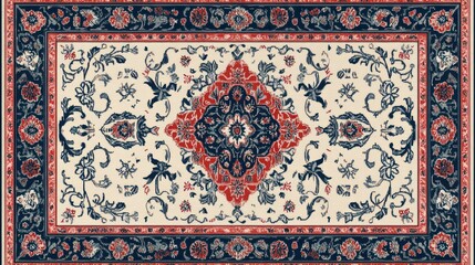 Obraz premium Intricate floral rug design with rich navy and coral color palette