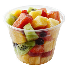 Delicious and Colorful Fruit Salad in a Clear Plastic Cup with Black Backdrop