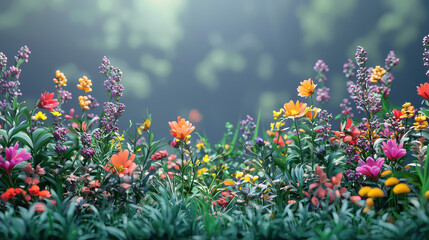 Obraz premium A realistic 4K background features nature inspired florals with vibrant wildflowers blooming in a colorful meadow, a serene and immersive 3D rendered scene.