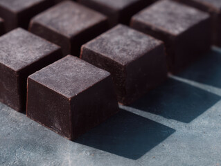 Dark chocolate cubes arranged in perfect grid on blue surface