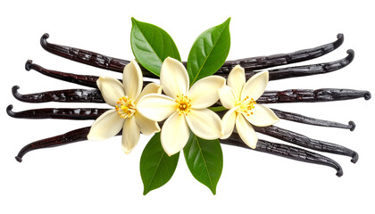 Three vanilla flower featuring sticks and leaves isolated on white background. Suitable for marketing or business purposes. PNG file