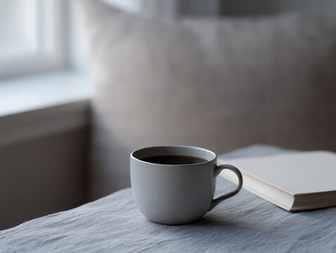 Cozy scene with cup of coffee and book on table