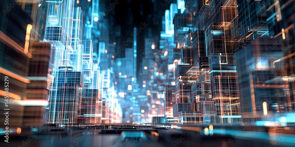Poster Futuristic Abstract Cityscape with Neon Lines and Three-Dimensional Blocks Representing Technology and Digital Environment