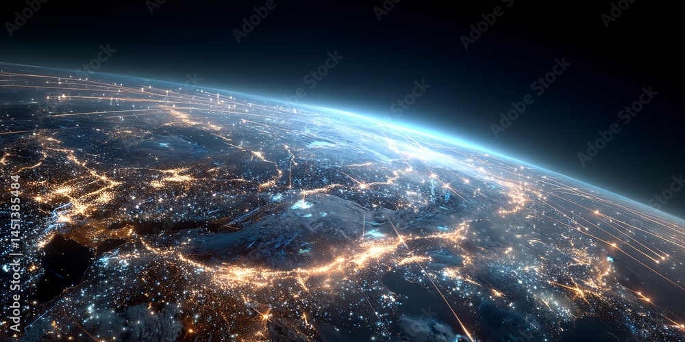 Poster futuristic view of earth from space with bright city lights representing global connectivity and inf