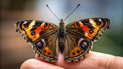 A colorful butterfly, a beautiful delicate wings, rests on a finger, isolated against a background
