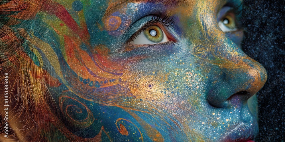 Poster Abstract  Woman with Colorful Swirls and Cosmic Elements Representing Imagination and Creativity