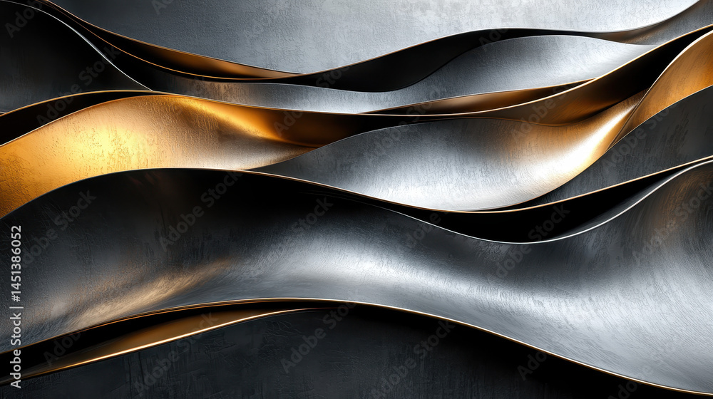 Poster realistic 4k side angle view reveals dynamic 3d background with undulating metallic layers forming a