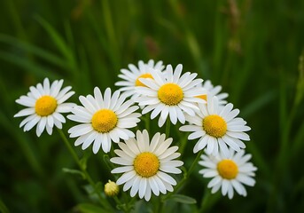Obraz premium Close up of several daisies with yellow centers in a green field