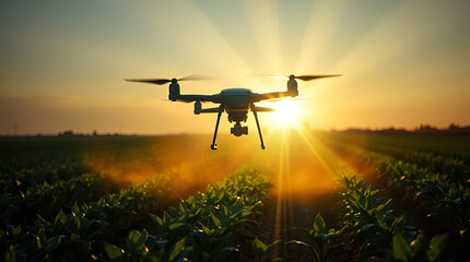 A high-tech agricultural drone spraying organic fertilizer. Mist is visible in sunrays, green crops contrast with dark soil, Generative Ai