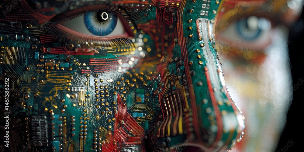 Poster Futuristic robotic face with colorful circuits and technology design, representing artificial intelligence and innovation in modern society and digital world