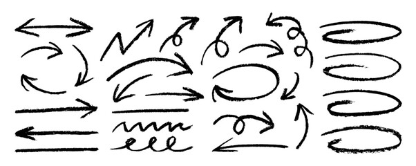 Black charcoal arrows strokes. Set of charcoal arrows and ovals. Brush elements for notes and underlining in text.